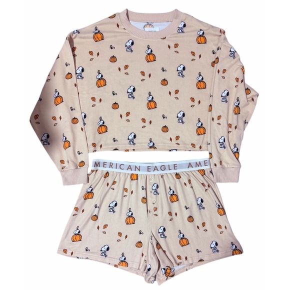 American Eagle Outfitters Other - American Eagle Peanuts Fall Pumpkin Snoopy Plush Pajama Set Women's Size Large